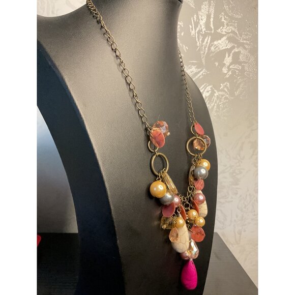 Statement Multi-Bead Chunky Necklace With Pink Pendant - Picture 3 of 5